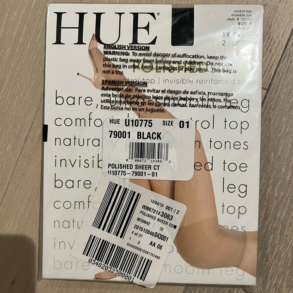 Hue Polished Sheer Control Top/Invisible Reinforced Toe Black Pantyhose